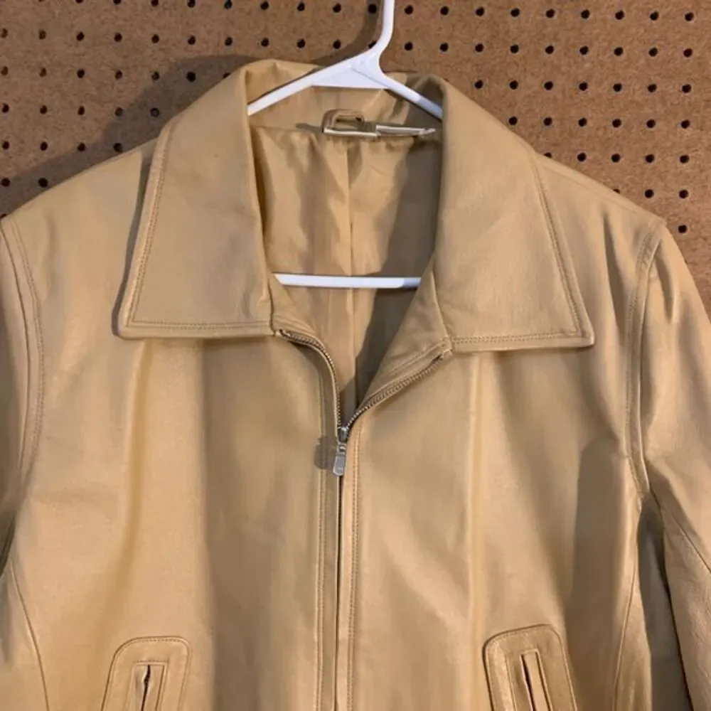VTG Tan Leather Jacket Blazer 90s Y2K Newport‎ News Minimal Full Zip Retro Sz 14